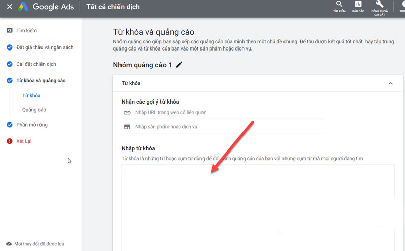 Thiết lập từ khóa Google ads