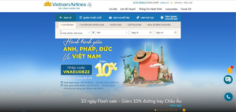 Mô hình kinh doanh của hãng hàng không Vietnam Airlines với website mang lại hiệu quả cao (nguồn: vietnamairlines.com)