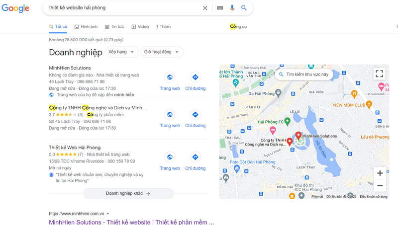 Kết quả hiển thị khi search từ khóa có thêm địa điểm