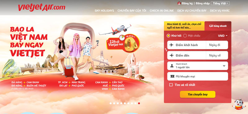 Website hãng hàng không Vietjet Air mang hình ảnh trẻ trung, năng động (nguồn: vietjetair.com)